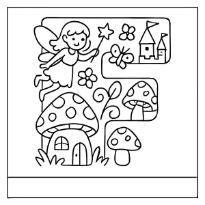 Omalovánka písmeno F s pohádkovými ikonami – coloring page pro děti k vytištění