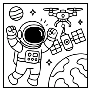 Astronaut slaví opravu satelitního dronu - omalovánka pro děti zdarma