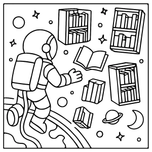 Omalovánka astronaut objevuje plovoucí knihovnu v kosmu – omalovánka k vytisknutí zdarma