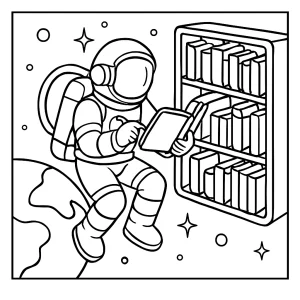 Omalovánka astronauta zkoumajícího plovoucí knihy v knihovně na oběžné dráze – coloring page pro děti zdarma