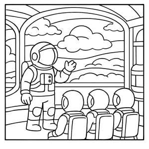 Astronaut training recruits in Jupiter cloud base coloring page – omalovánka zdarma k vytištění