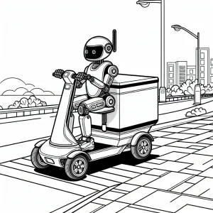 Omalovánka autonomní doručovací robot na skútru, zdarma k vytištění