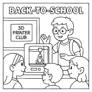 Omalovánka školního klubu s dětmi sledujícími ukázku 3D tiskárny – coloring page zdarma