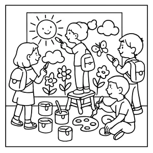 Omalovánka zdarma – děti spolu malují školní nástěnnou malbu, coloring page
