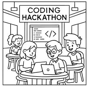 Hackathon ve škole – coloring page omalovánka s dětmi programujícími u počítačů