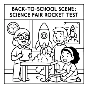 Omalovánka vědecký veletrh s dětmi testujícími raketu ke stažení zdarma, coloring page