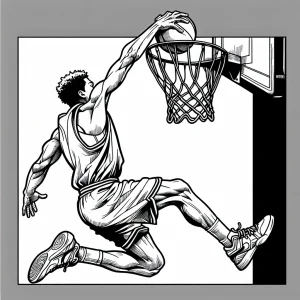 Basketbalista provádějící smeč - omalovánka zdarma ke stažení a vybarvení