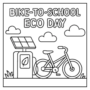 Omalovánka plakátu bike-to-school s dětmi na kolech a solární dobíjecí stanicí k vybarvení