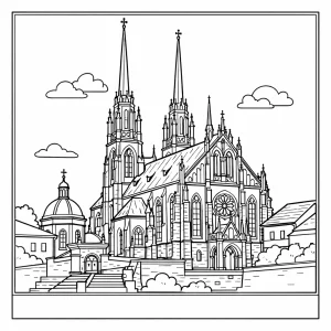 Omalovánka katedrály sv. Petra a Pavla v Brně s gotickými věžemi, detailní architektura, černobílá linie
