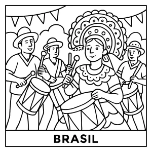 Omalovánka brazilského maracatu průvodu s bubeníky k vytištění zdarma