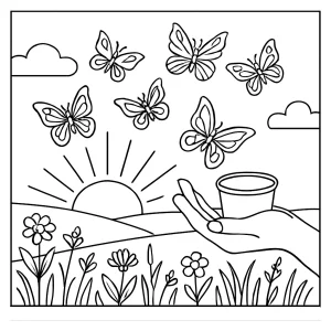 Omalovánka motýlů na louce při východu slunce – coloring page zdarma k vybarvení