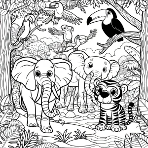 Omalovánka džungle se zvířaty – coloring page s kreslenými lvy, opicemi, slony a papoušky k vybarvení