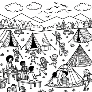 Děti na táboře ve stanech – coloring page omalovánka k vytištění zdarma