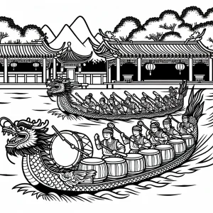Chinese Dragon Boat Racing omalovánka – coloring page s pádlaři, dračí lodí a bubny na řece