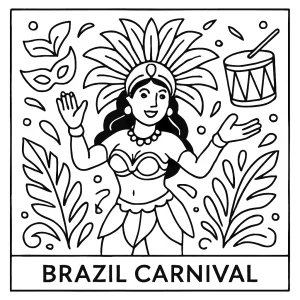 Brazilský karneval omalovánka – coloring page s tanečníky a maskami k vybarvení