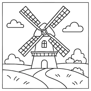 Omalovánka – coloring page s obrázkem holandského větrného mlýna k vybarvení zdarma