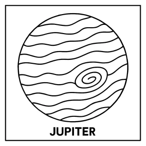 Jupiter omalovánka – vesmírná coloring page s planetou Jupiter k vytisknutí zdarma
