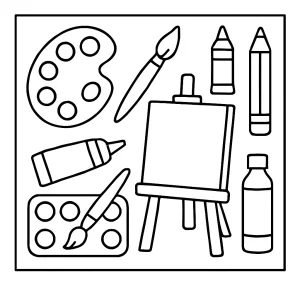 Omalovánka s výtvarnými potřebami – coloring page pro děti ke stažení a vybarvení zdarma