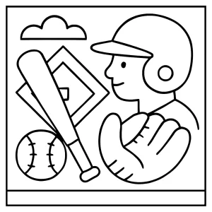 Baseball omalovánka – coloring page s hráčem, pálkou a míčkem k vybarvení