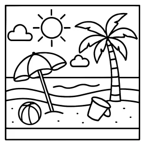 Omalovánka plážová scéna – coloring page s palmami a mořem pro děti