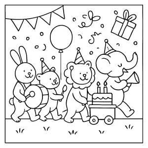 Omalovánka narozeninový průvod – coloring page s dětmi, balónky a dárky k vybarvení