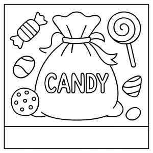 Omalovánka sáček s bonbóny – coloring page s obrázkem sáčku plného sladkostí k vybarvení