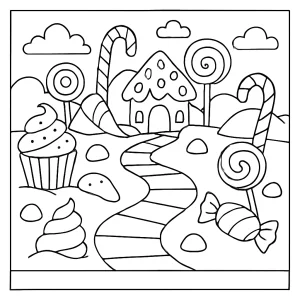 Omalovánka Candy Land – tisknutelná stránka k vybarvení s krajinou plnou cukrovinek