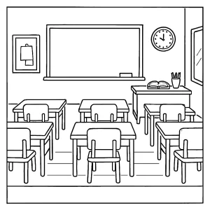 Omalovánka třídy ve škole – coloring page s dětmi, lavicemi a učitelkou k vytištění zdarma
