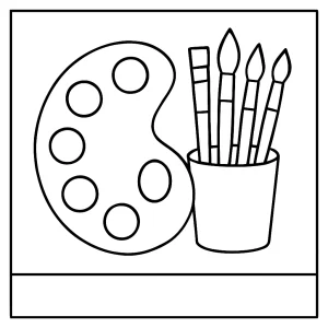 Paleta barev omalovánka – coloring page s malířskou paletou a štětcem k vybarvení