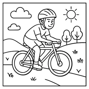 Jízda na kole omalovánka – cyklista, tisknutelná stránka k vybarvení pro děti