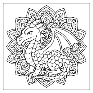 Dračí mandala omalovánka – coloring page s detailním drakem k vybarvení zdarma