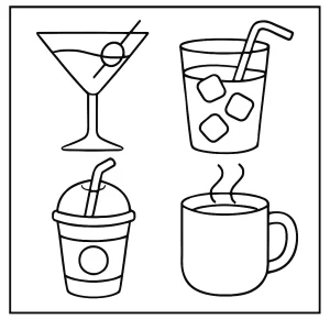 Omalovánka nápoje – coloring page s obrázky různých pití k vybarvení pro děti