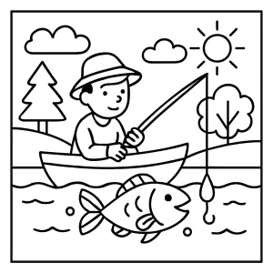 Omalovánka Chytání ryb – coloring page s dětmi chytajícími ryby, vhodná k vybarvení a tisku zdarma.