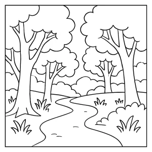 Omalovánka lesní cesta – coloring page s klikatou cestou v lese, vhodná k vytištění pro děti zdarma