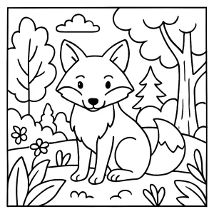Omalovánka liška v lese – roztomilá liška v přírodě k vybarvení, coloring page for kids