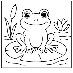 Omalovánka žabky na leknínu – coloring page s roztomilou žábou k vytištění zdarma