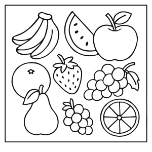 Omalovánka ovoce – coloring page pro děti s různými druhy ovoce k vybarvení