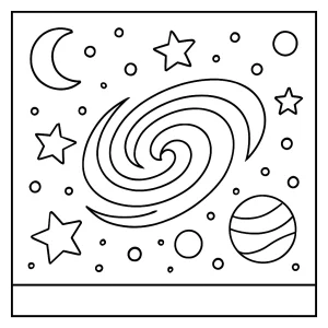 Omalovánka galaxie – coloring page s obrázkem hvězd, planet a mlhovin ke stažení zdarma