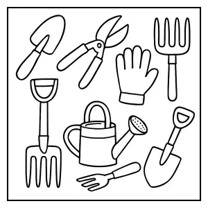 Omalovánka se zahradním nářadím – coloring page s lopatkou, hráběmi a konvičkou k vybarvení
