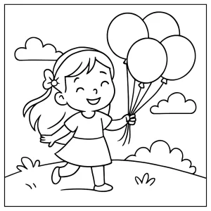 Coloring page – omalovánka dívky s balónky k vytištění a vybarvení pro děti