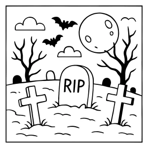 Omalovánka hřbitov – coloring page s náhrobky, stromy a podzimním listím pro děti k vybarvení zdarma.