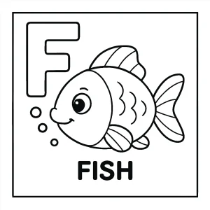 Omalovánka písmeno F s rybou – vzdělávací coloring page pro děti ke stažení a vybarvení zdarma