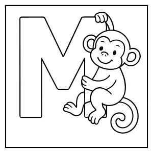 Omalovánka písmeno M s opičkou – coloring page k vytisknutí pro děti