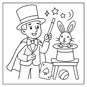 Kouzelnické představení omalovánka – coloring page s kouzelníkem, hůlkou a králíkem pro děti k vytištění zdarma