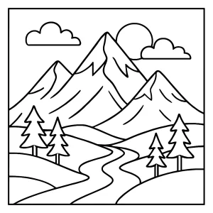 Omalovánka horské krajiny – coloring page s horami a přírodou k vybarvení