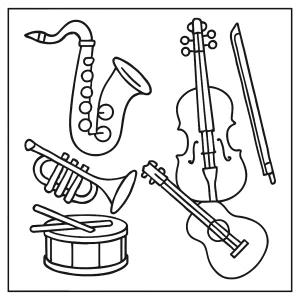Omalovánka hudební nástroje – coloring page s obrázky kytary, klavíru, houslí a bubnů k vybarvení