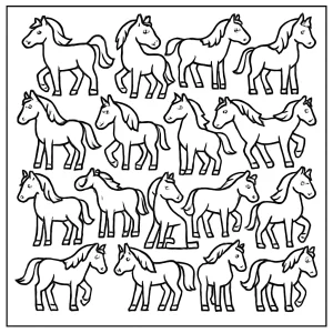 Omalovánka coloring page osmnáct koní k vybarvení a vytištění zdarma
