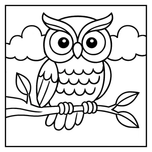 Sova sedící na větvi – omalovánka, coloring page k vybarvení a tisku zdarma