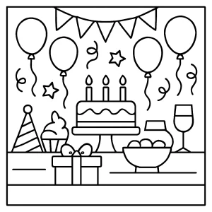 Omalovánka oslavenckého stolu – coloring page s dortem, balónky a dárky k vybarvení