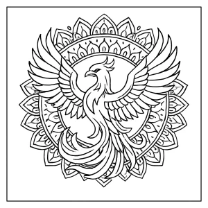 Fénix mandala coloring page – detailní omalovánka fénixe v mandale ke stažení zdarma